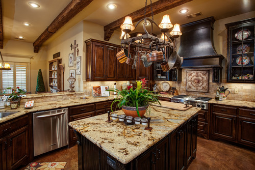 Sienna Bordeaux Granite Countertops Dark Wood Cabinets Beaded Inset Cabinets Granite Countertop Kitchen Countertops Ceramic Backsplash Beige Walls